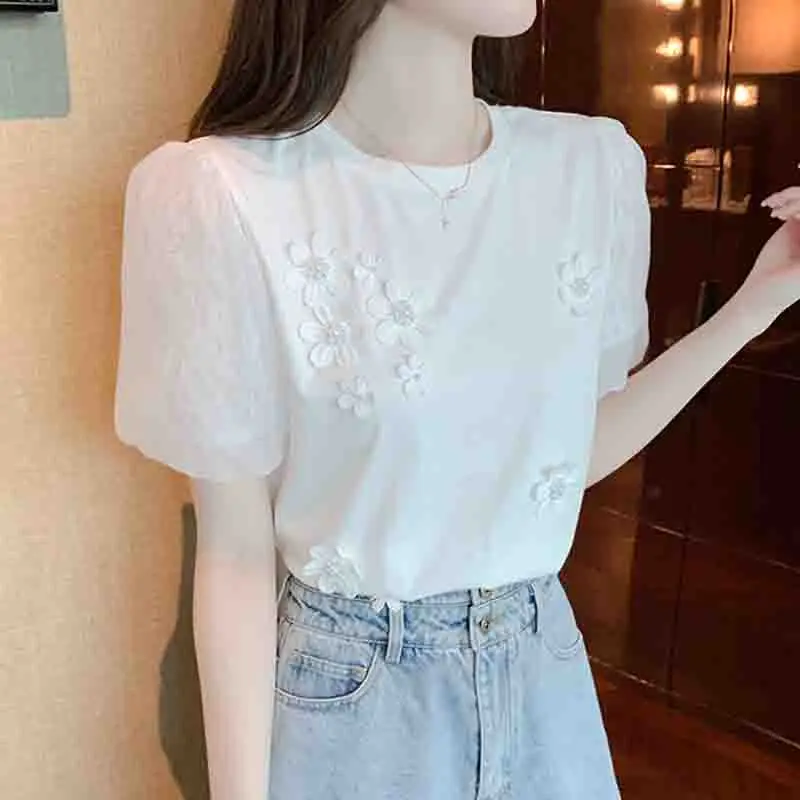 New Sweet Woman Tops Cotton Short Sleeve Women\'s T-shirts Floral Women Clothes Casual Summer White Bottoming Women Tshirts 8542