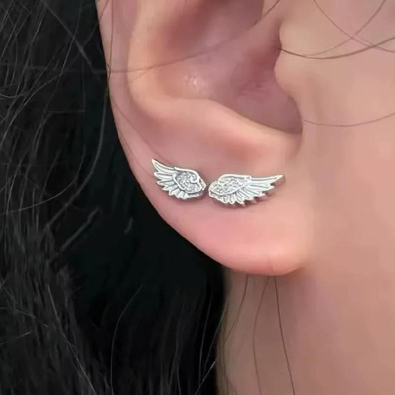 Women's 2pc Angel Wings Cross Stud Earrings, Gift for Her