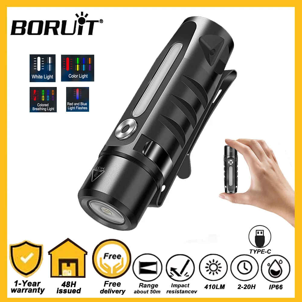 Lanterna Mini EDC BORUiT RJ28 Recarregável Tipo-C, Luz de Chaveiro com Múltiplas Fontes de Luz para Camping e Uso ao Ar Livre