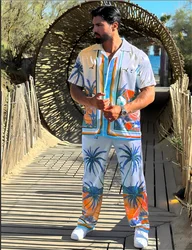 Camicia casual a maniche corte con stampa risvolto da uomo europea e americana, abito da spiaggia hawaiano con pantaloni da esterno