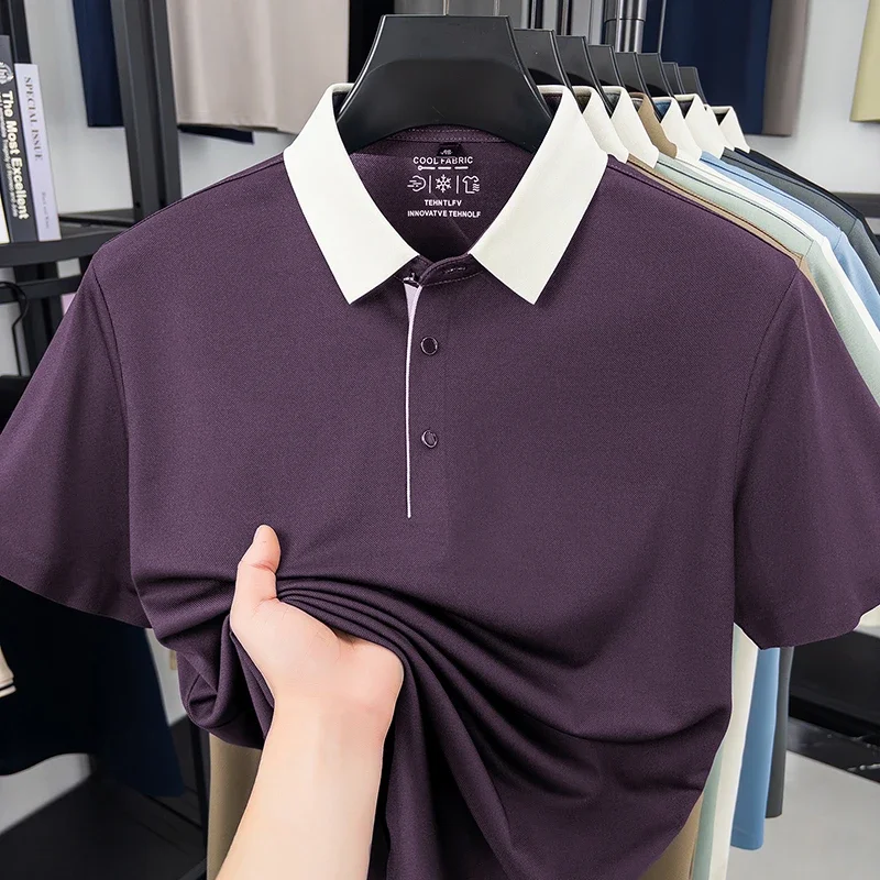 Men's Color Block Collar Polo Shirt Quick Dry Breathable Fabric Short Sleeve Lapel T Shirt For Business And Casual Wear image 5