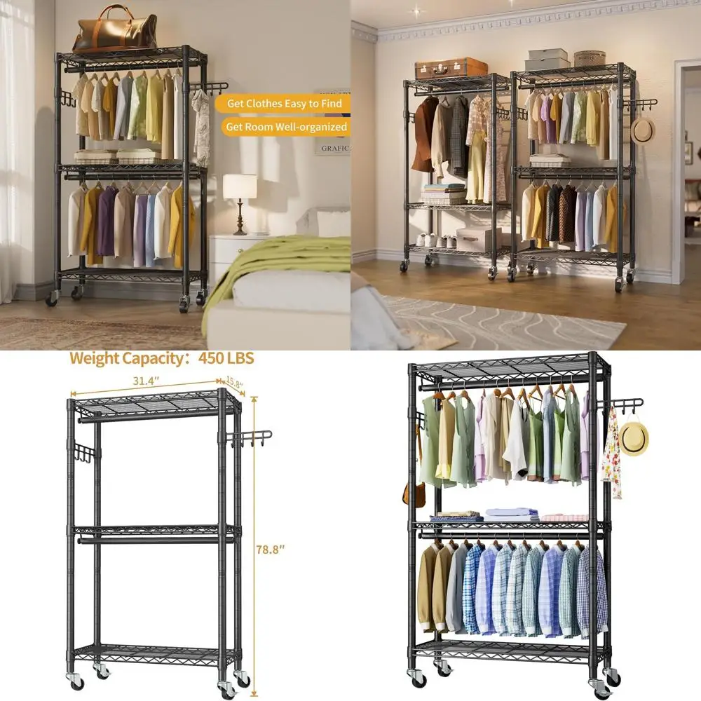 

Portable 3-Tier Rolling Garment Rack with Adjustable Shelves and Double Hanging Rods for Clothes Storage