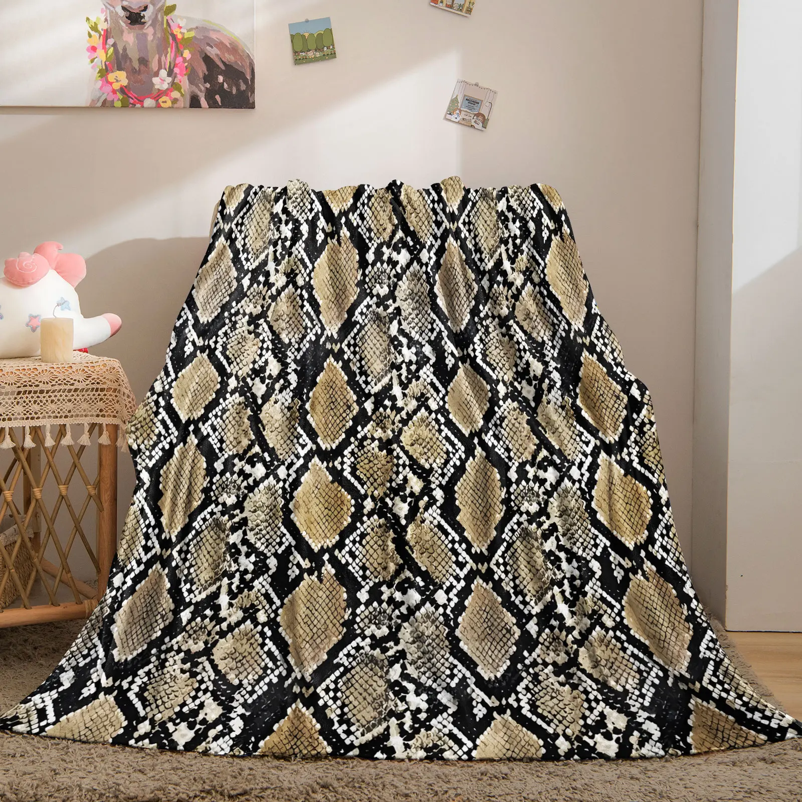 Vintage Snake Skin Print Flannel Throw Blanket Animal Skin Pattern Soft Plush Blanket Warm Cozy Sofa Bed Couch Travel Camping