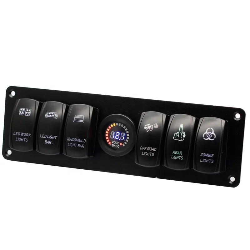 

6 Position Rocker Switch Panel with 12V Digital Voltmeter Display 12V / 24V LED Blue Lighted On/Off Switches6