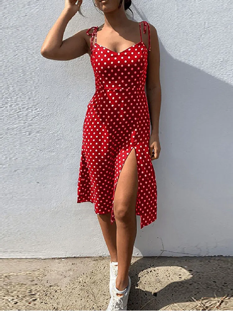 Jurken Zonnejurk Zomer Vrouwen Causale Polka Dot Mouwloze Hoge Geplooide elastische taille V-hals Strand Jurk Vestidos De Verano