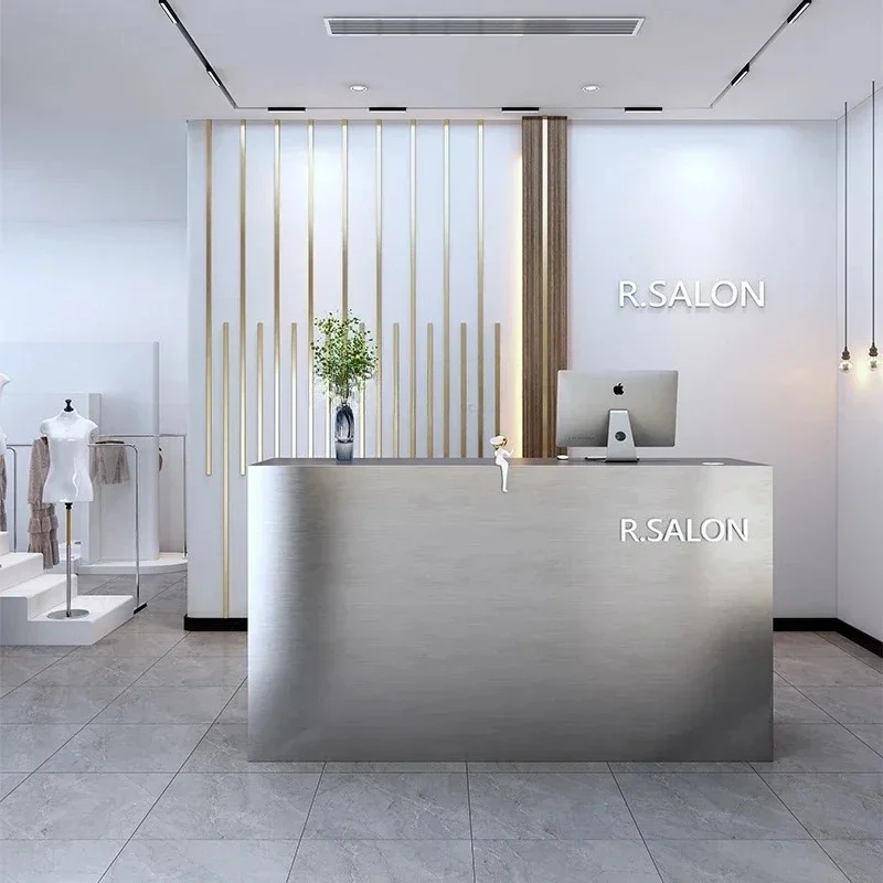 A Stainless Steel Clothing Store Cashier Desk Simple Modern Beauty Salon Bar Counter Shop Company Front Desk