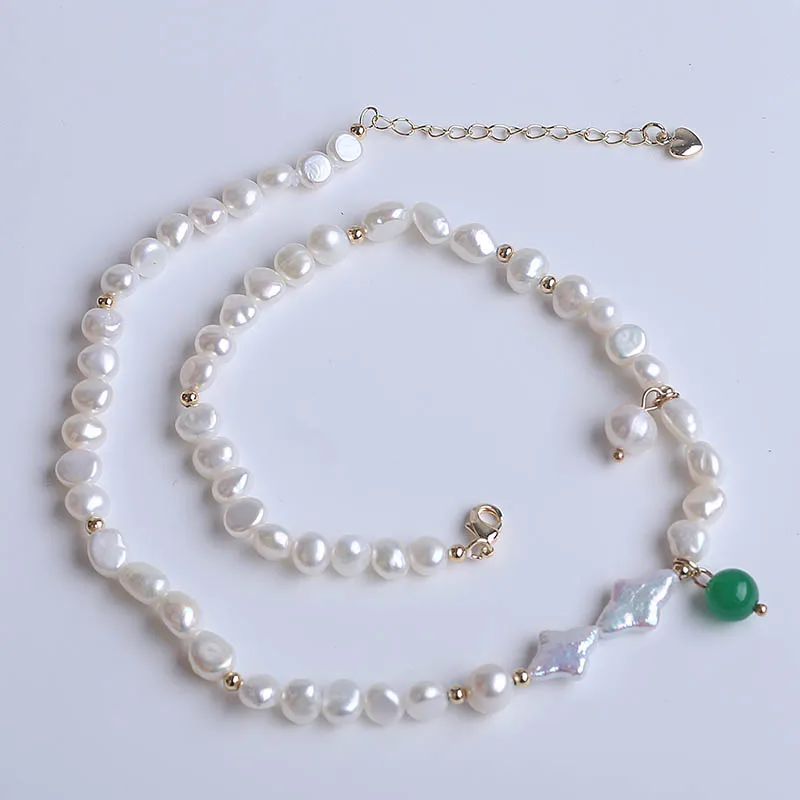 

5-6mm White Baroque Shape and 9-10mm Four Pointed Star Freshwater Pearl Handmade Necklace Jewelry