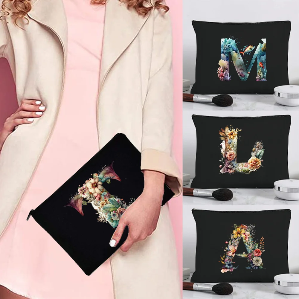 Fashion Casual Cosmetic Bag With Floral Letter Print Handy Storage Pouch to Hold Personal Small Items for Office School Cases
