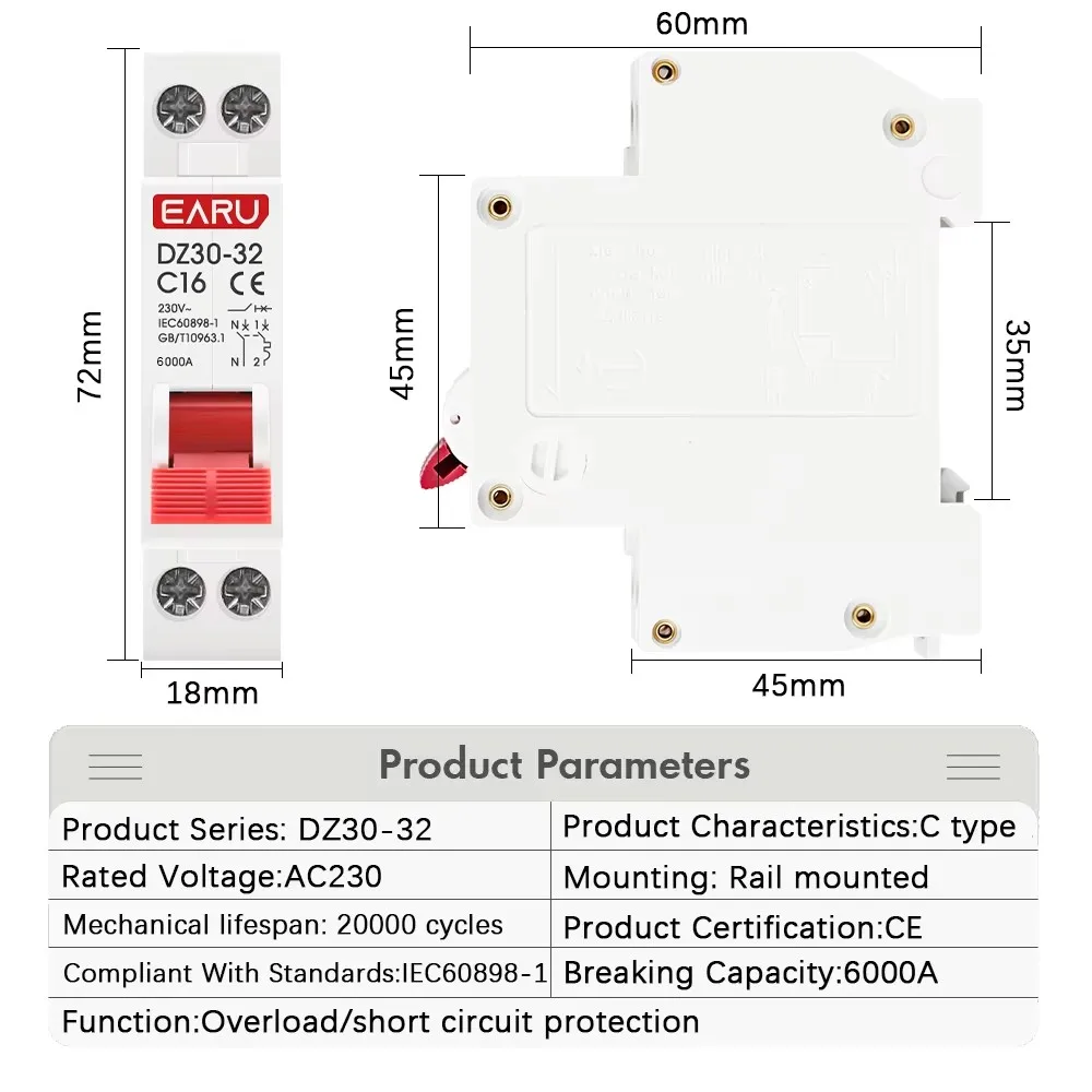 DZ30-32 DPN 1P+N Mini Circuit Breaker MCB 6A 10A 16A 20A 25A 32A Din Rail Mounting Cutout Miniature Household Air Switch OEM DIY
