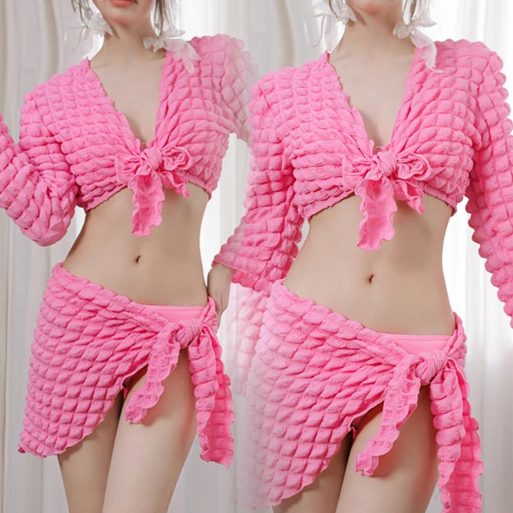 طقم بيكيني نسائي بأكمام طويلة مكون من أربع قطع برباط ومقاوم للشمس ملابس سباحة للشاطئ عتيقة