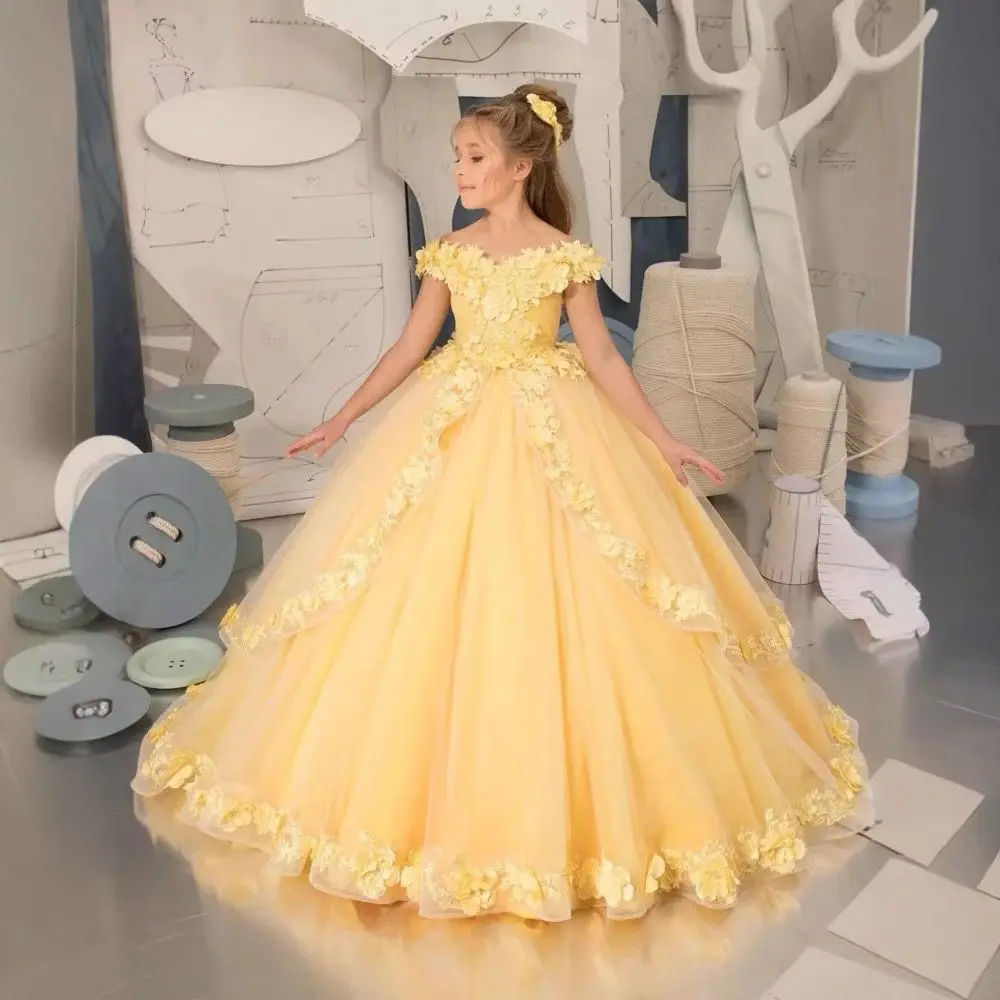 تخصيص فساتين فتاة الزهور الصفراء الديكور زين مهرجان عيد ميلاد للفتيات فساتين التواصل الأول للأطفال فساتين حفلة موسيقية