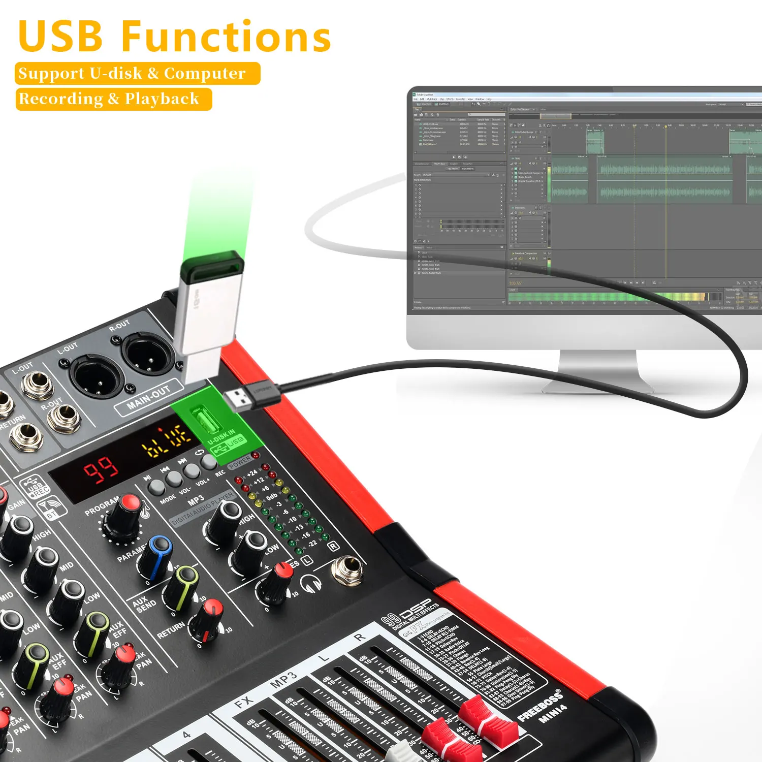 Imagem -03 - Channel Mixing Console Bluetooth 99 Dsp 48v Power Digital Audio Mixer Usb Play Studio Music Record Sound Table Mini4 Boss4