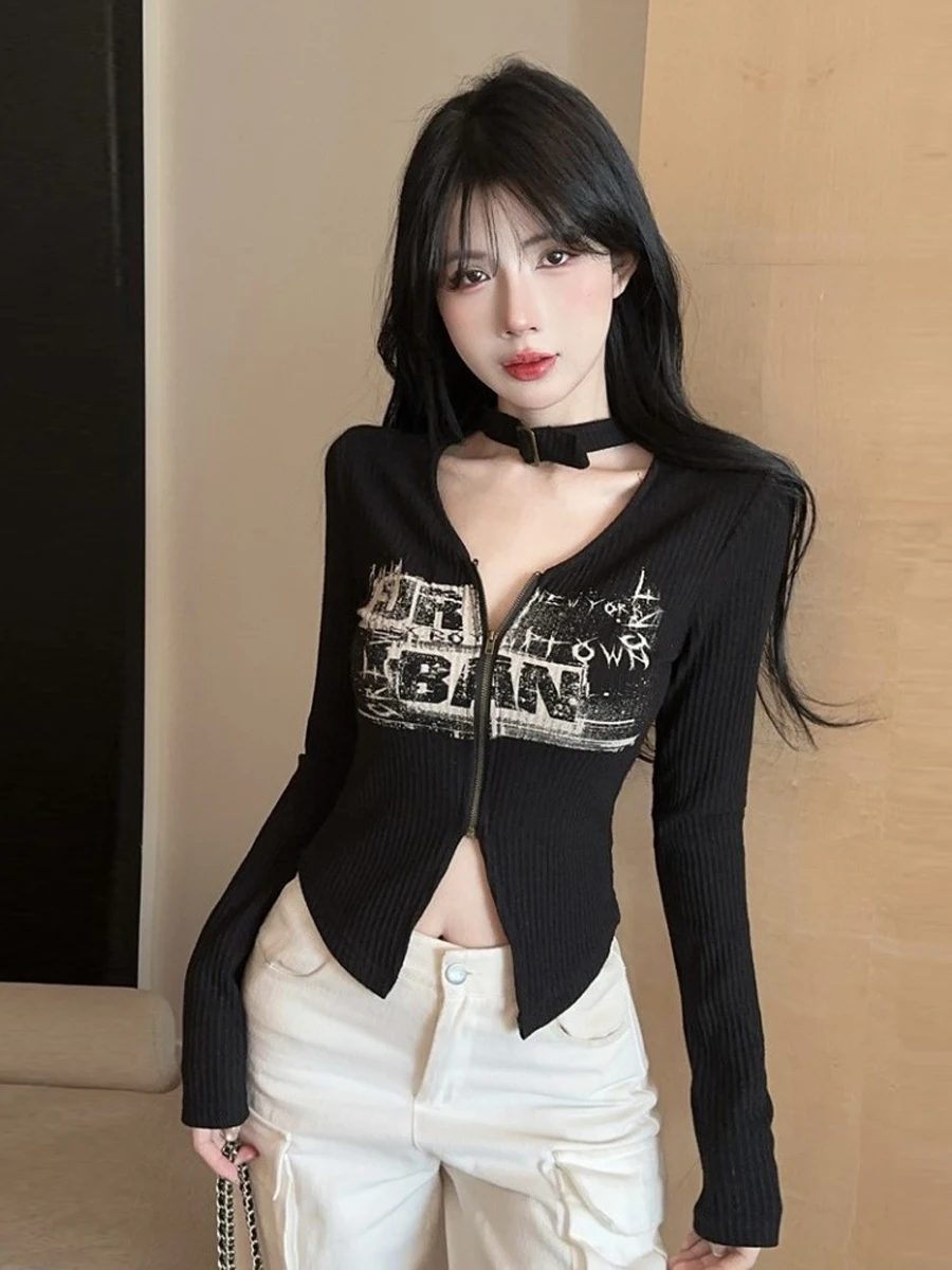 Retro Spicy Girl V-Neck Zipper Letter Print Knitted Long Sleeve Base Shirt Design Split Belly Hoody Overhead Women's T-shirt