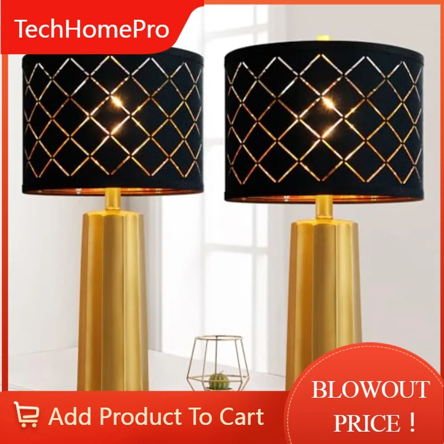 TechHPSet Of 2 Modern Table Lamps For Living Room Bedroom, Nightstand Resin Lamps With Black Grid Shade, Contemporary Desk Lamps