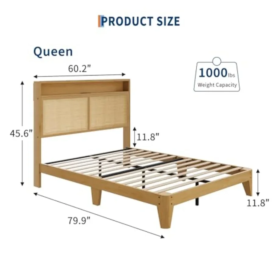 Rattan Bed Charging Station LED Bohemian Bedroom: Natural Wicker, Warm Beige, Integrated USB Ports Ambient Light