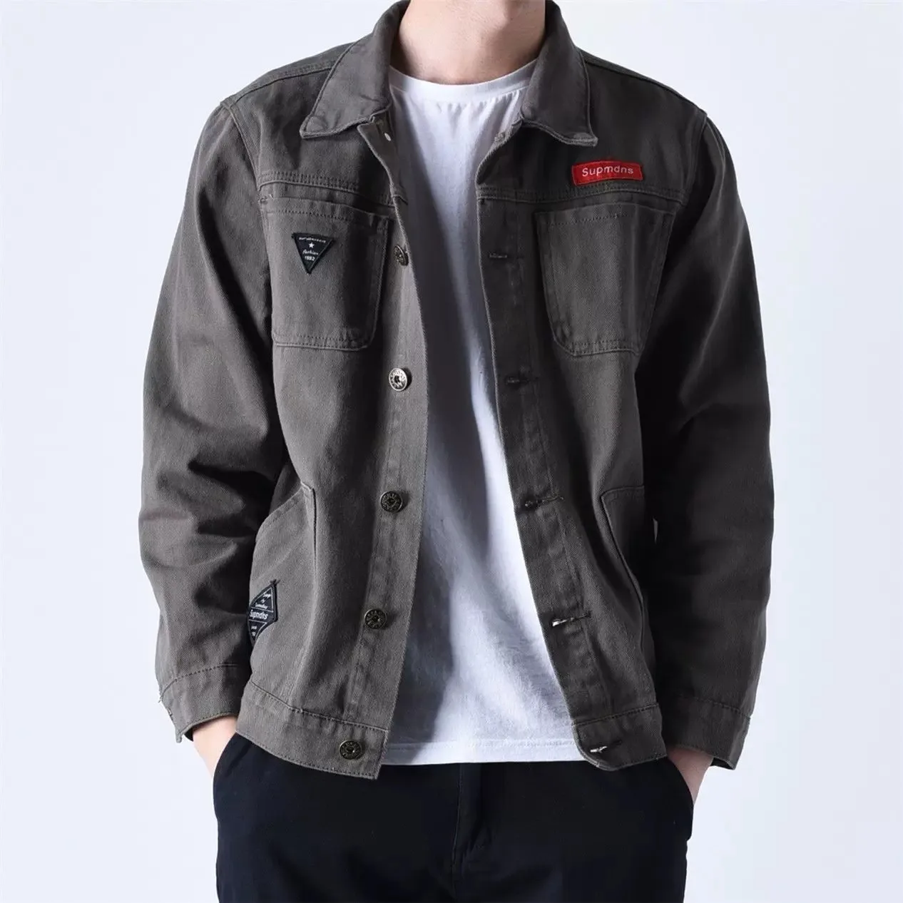 Loose Casual Men's Denim Jacket Spring Autumn American Retro Collar Workwear Coat Multi-Pocket Cotton Youth Fashion