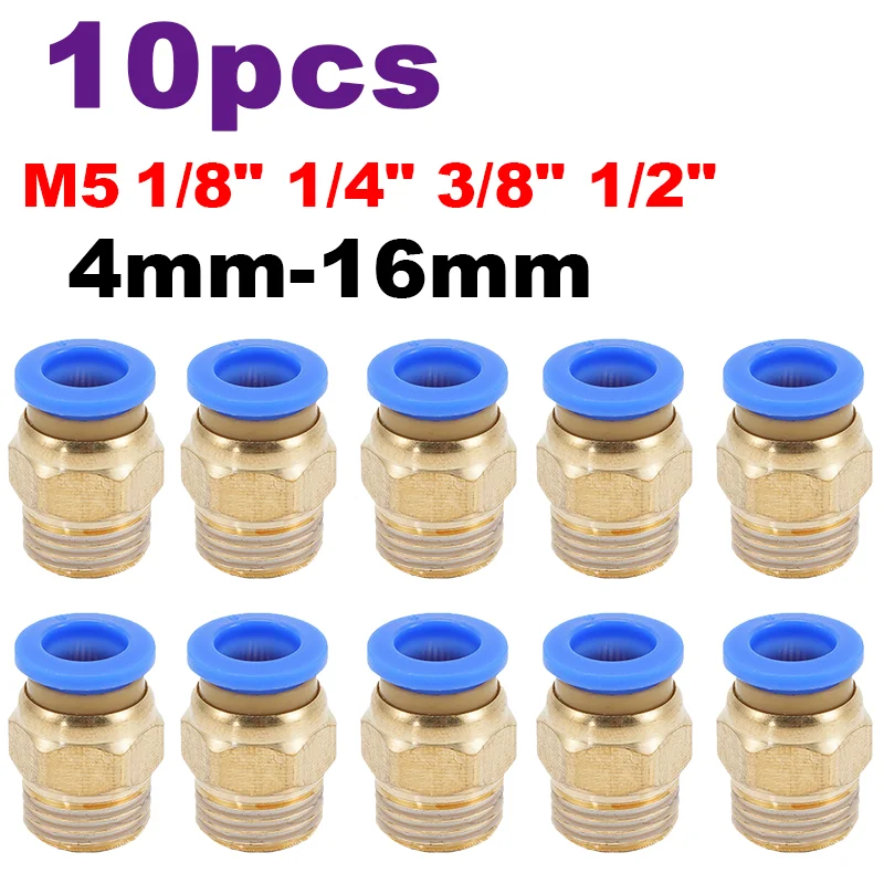 

10pcs 4mm-16mm Copper Pneumatic Air Connector Adapter M5 1/8" 1/4" 3/8" 1/2" PC Air Pipe Precise Thread Connector Hose Fittings