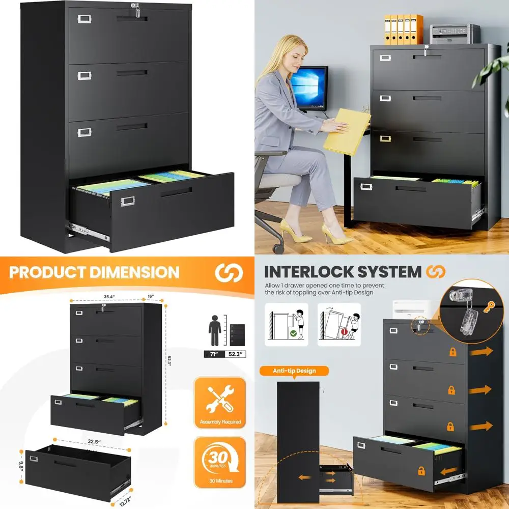 خزانة ملفات بأربعة أدراج بقفل معدني للمكتب المنزلي، حل تخزين أسود مع أمان وتنظيم