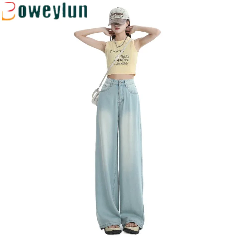 

Boweylun Retro High-waisted Casual Wide-leg Jeans Female Summer New Loose Thin Trousers Ice Silk Draped Full Length Pants