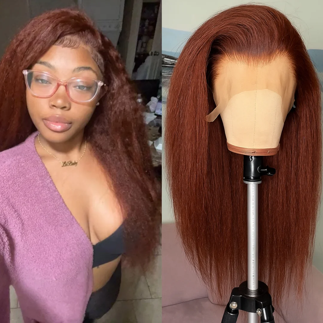 البني المحمر غريب مستقيم 13x4 قبل قطع الدانتيل الجبهة الباروكات الشعر البشري وضع وانتعاش شعر مستعار للمبتدئين ياكي البرازيلي قطعها مسبقا #1