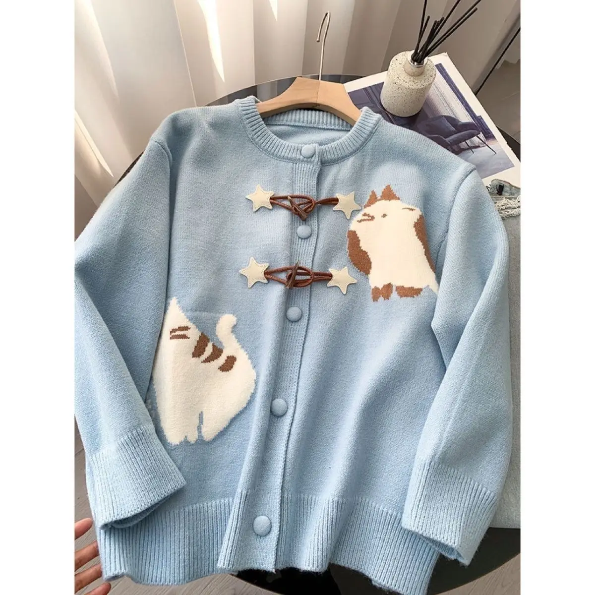 Japanese Sweet College Girls Bull Horn Cardigan Coats Loose Oversized Sweater Jacket Cute Star Cat Jacquard Sweater Cartoon Tops