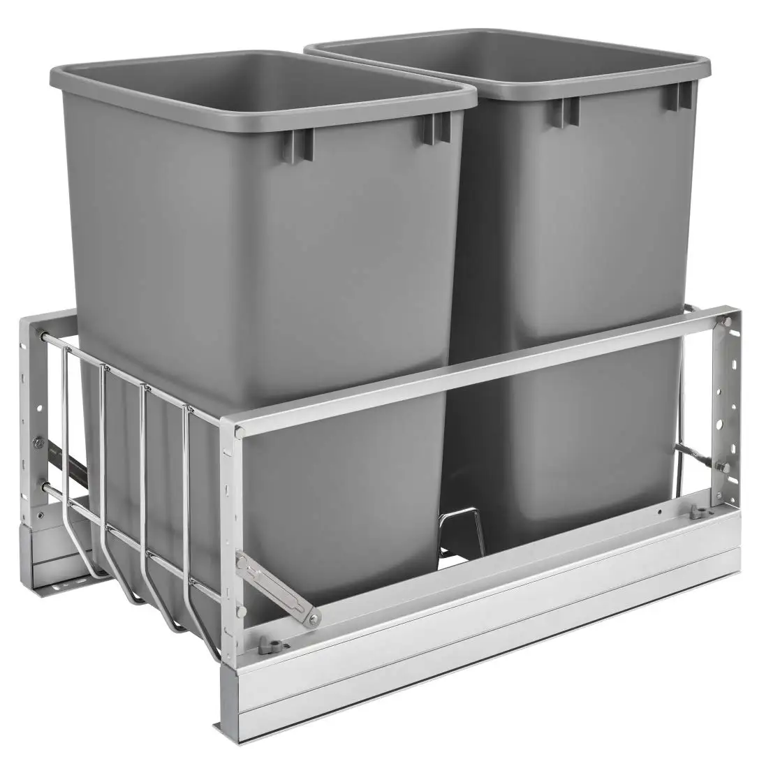 5349-18Dm-217 Double 35 Quart Kitchen Cabinet Pull Out Waste Container Storage With 2 Trash Cans And Wire Basket, Silver