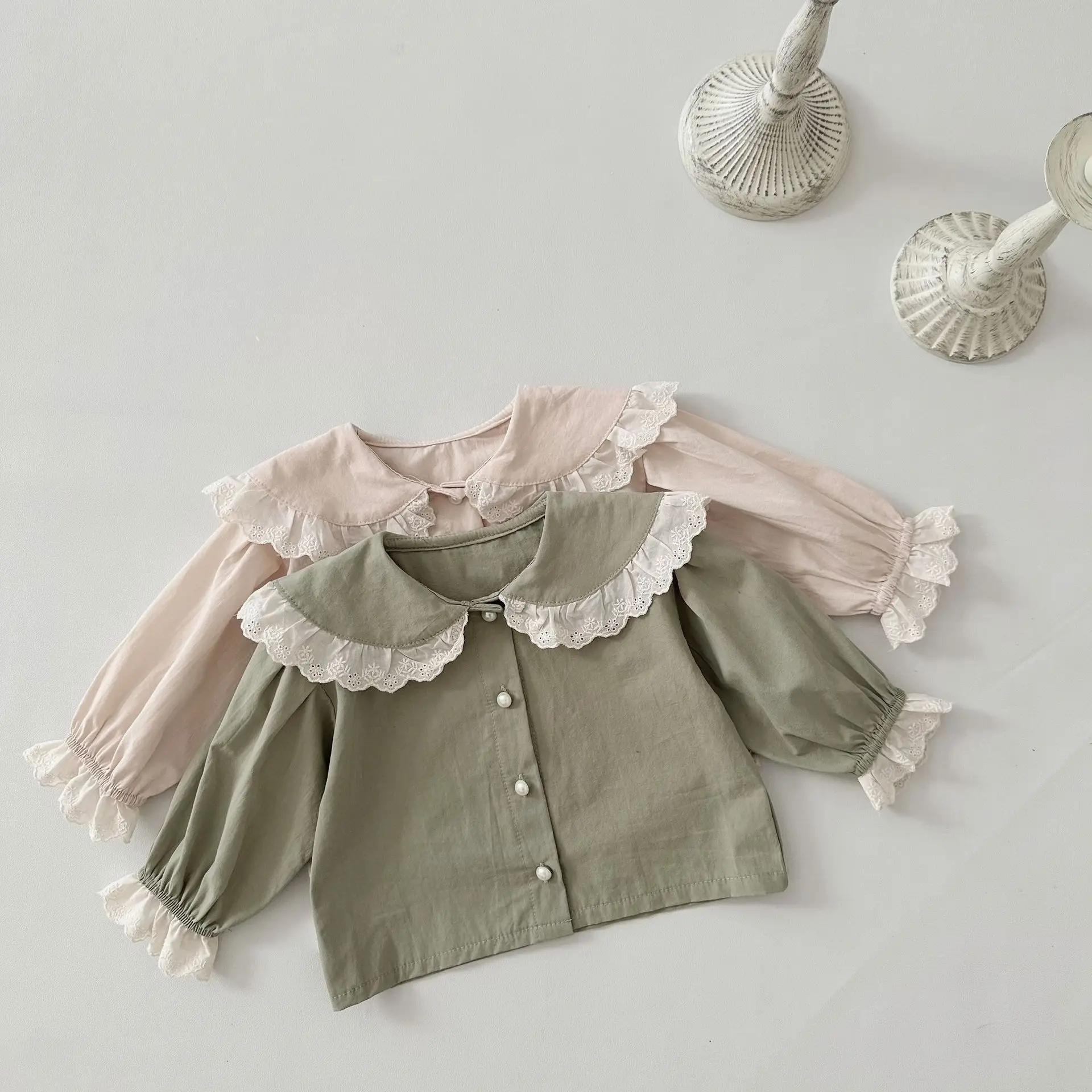 2024 Spring Autumn Girl Baby Brief Lace Big Lapel Long Sleeves Blouse Infant Cotton Thin Casual Coat Solid Fashion Newborn Shirt