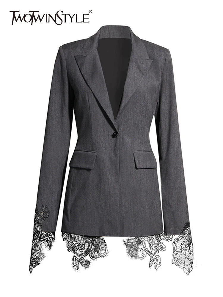 TWOTWINSTYLE-Blazer de encaje de retazos para mujer, Chaqueta de manga larga con cuello con muescas, de cintura alta, informal, adelgazante, nueva