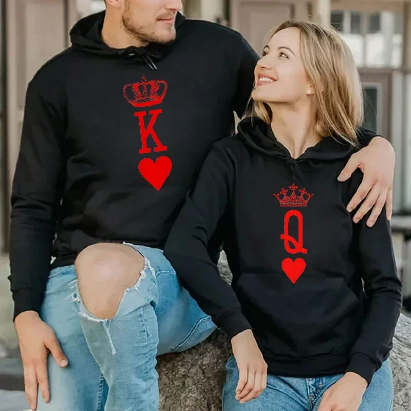 Matching Hoodie Red Heart Crown King Queen Print Hoody Loose Sweater Graphic Matching Outfits for Couples Long Sleeve Casual Top