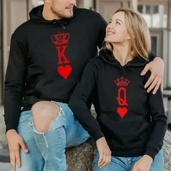 Sudadera con capucha con estampado de corona de corazón rojo para parejas, suéter holgado con estampado de rey y reina, trajes a juego, Top informal de manga larga