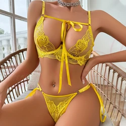 Sexy Erotic Yellow Bra and Panty Set Women Babydoll Lingerie Kit Push Up See Through Underwear Sissy Tulle Exotic Sets