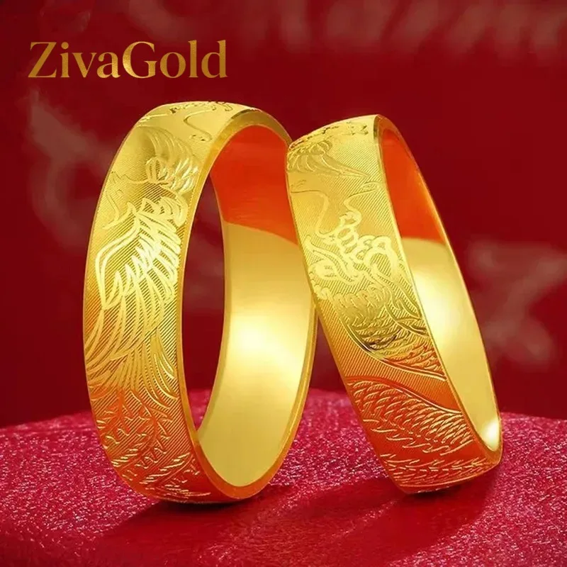 

Кольцо ZivaGold из настоящего золота 24K (AU999) с гравировкой, Дракон - Феникс, символ удачи, идеально подходит для мужчин и женщин.