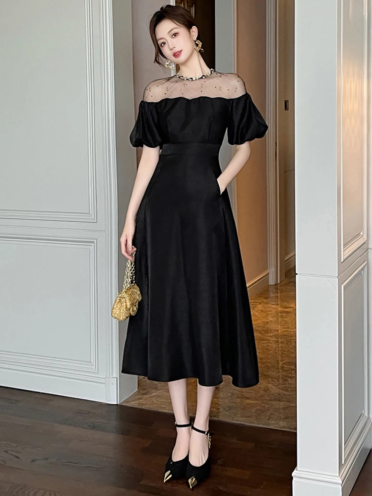 ฤดูร้อนหรูหราชุดราตรีชุดเสื้อผ้าผู้หญิง Retro Chic Sheer เซ็กซี่พัฟแขน Slim Midi Robe Party วันเกิด Vestidos