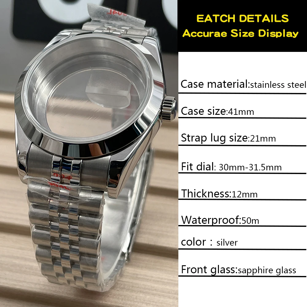 41MM Watch Cases Stainless Steel Watch Case for NH35 Movement See-through Caseback Sapphire Crystal Watch Strap Accessories