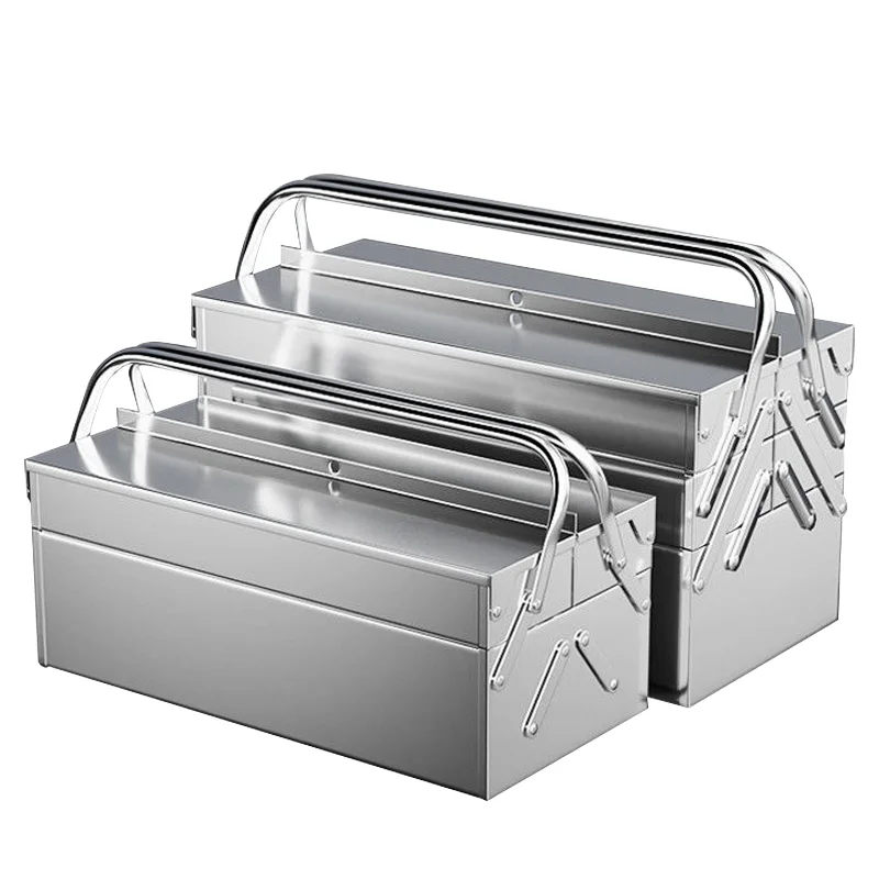 a forThree-Layer Square Stainless Steel Polished Surface Stretchable Tool Box Portable Waterproof Household Storage Case
