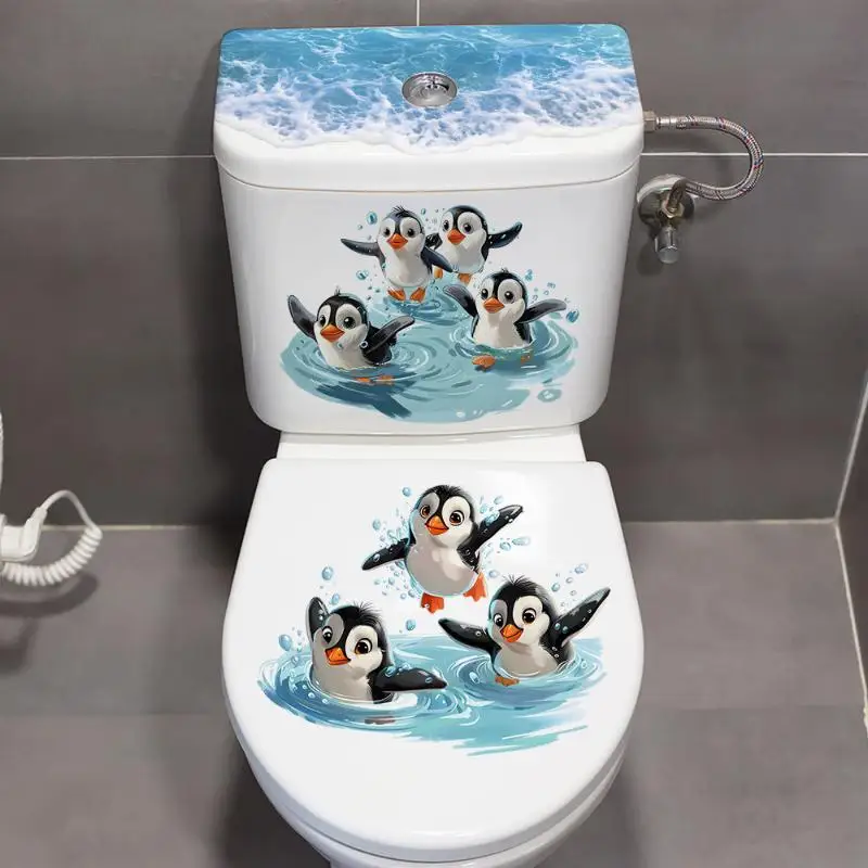 Cute Cartoon Toilet Seat Decals with Penguin and Ocean Wave Patterns, Fun Decor Stickers for Kids Bathroom Home Ornament