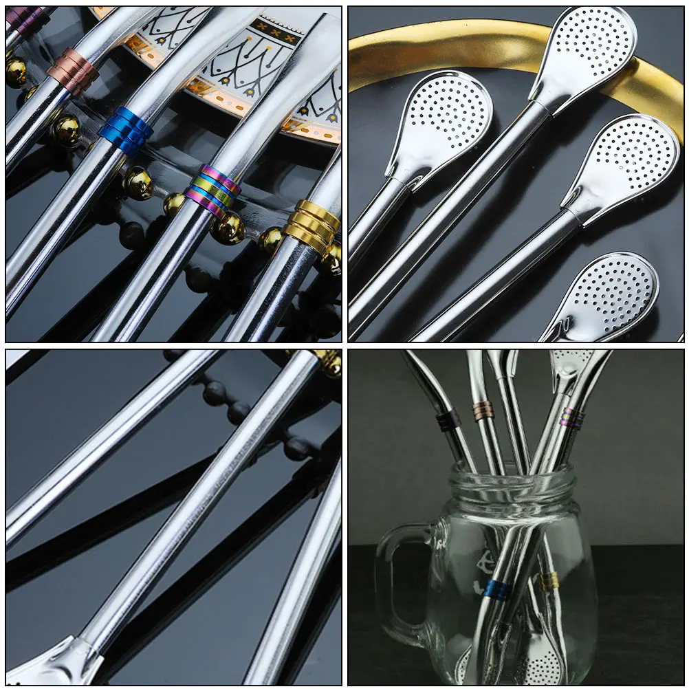 

5Pcs Stylish Stainless Steel Mixing Spoon Filtering Strainer Spoon With Flat Mouth Design Bar Bistro Home Use