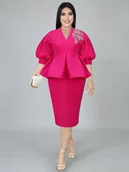 Klasyczna różowa aplikacja do pracy w biurze Sukienka dla kobiet V Neck Half Lantern Sleeve Wysoka talia Ruffle Pencil Bodycon Sukienki Plus Size