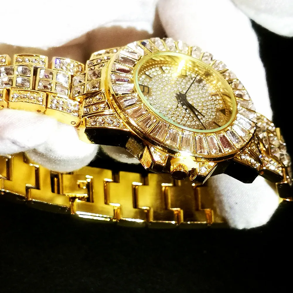 2 sztuk zestaw Iced Out zegarek + bransoletka tenisowa dla mężczyzn kobiety luksusowe proste Hip Hop złota panie zegarek Relojes Para Mujer prezent