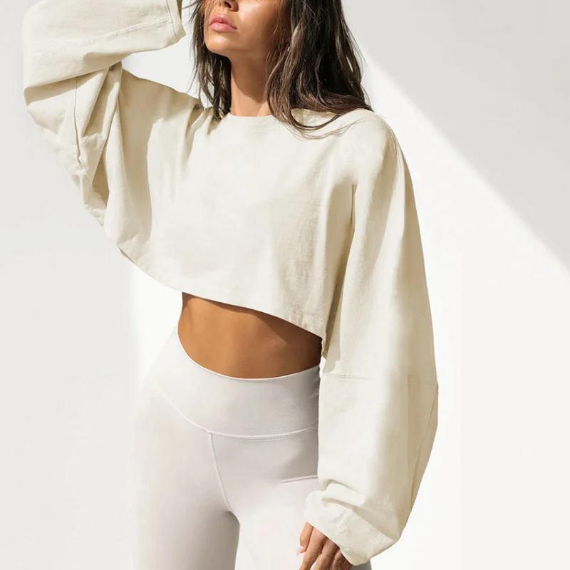 

Fashion Women Loose Round Neck Sweatshirt European And American Short Crop Tops Long Sleeved Pullover Female Streetwear