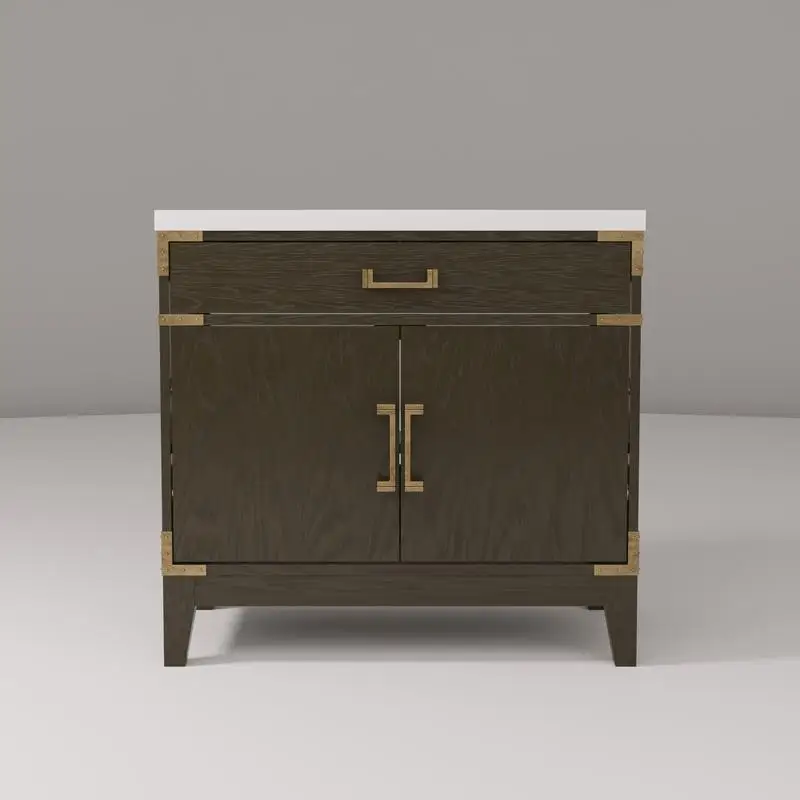 Vanity da bagno singolo in quercia marrone da 36 pollici con piano in marmo coltivato, profondità 22", design moderno per bagni eleganti