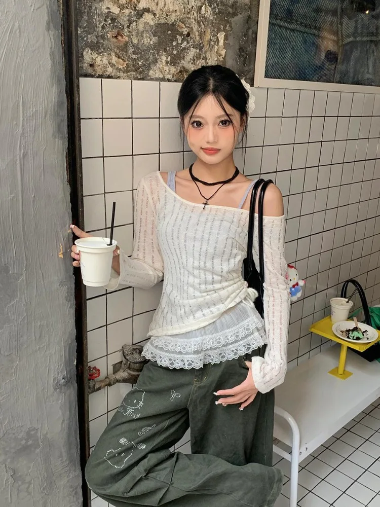 Korean Y2k Shirring Lace-up Skew Collar Long Sleeve Solid All Match Knitted Pullovers