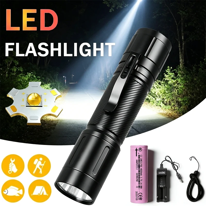 1200LM Portable Tactical Flashlight, 6 Lighting Modes, 360° Clip,High Brightness Torch Built-in 21700 Battery Emergency Light