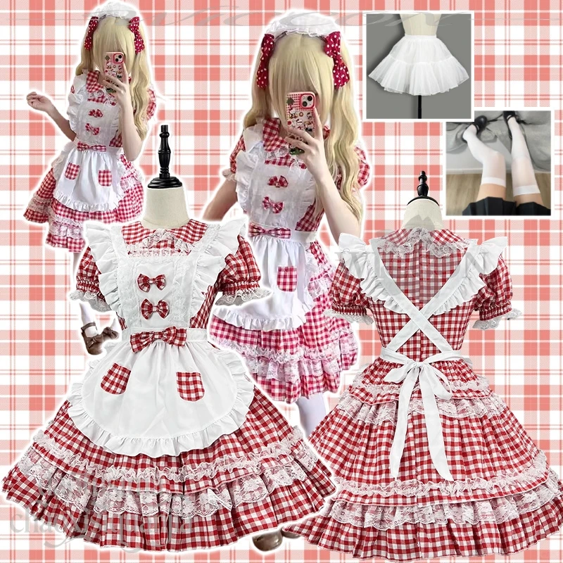 

Аниме-игра Nikke, косплей, кавайные милые девушки, красный клетчатый наряд горничной, платье принцессы, милая Лолита, Джирай Ка, милые девушки на Хэллоуин