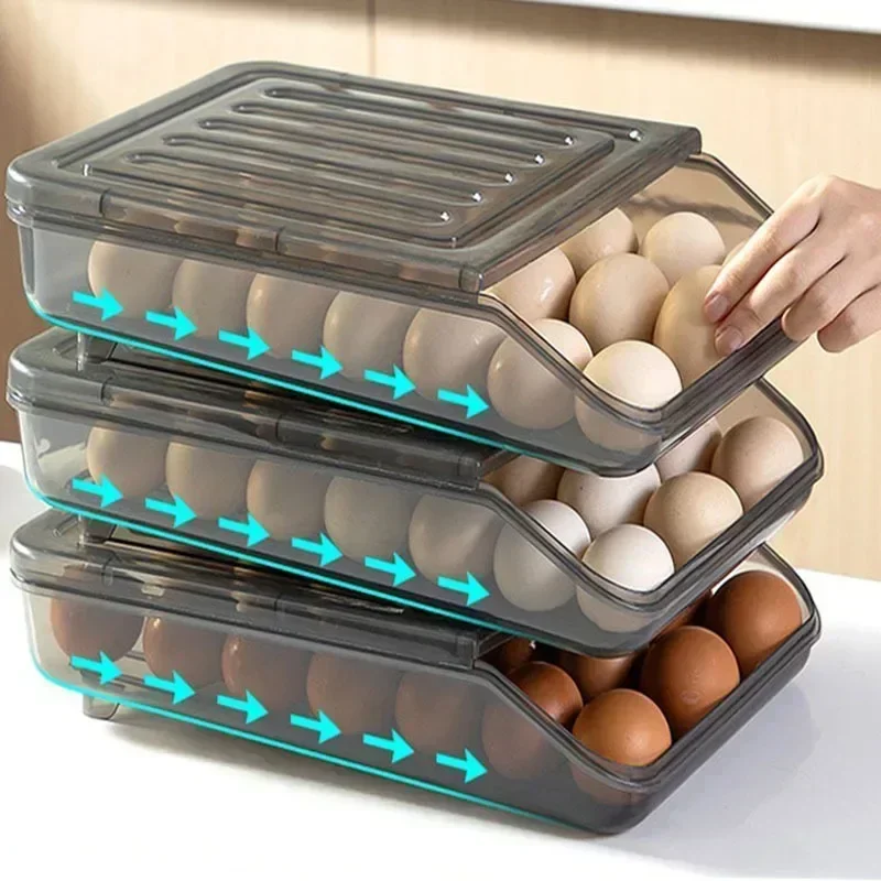 Automatic rolling egg box multi-layer Rack Holder for Fridge fresh-keeping box egg Basket storage containers kitchen organizers