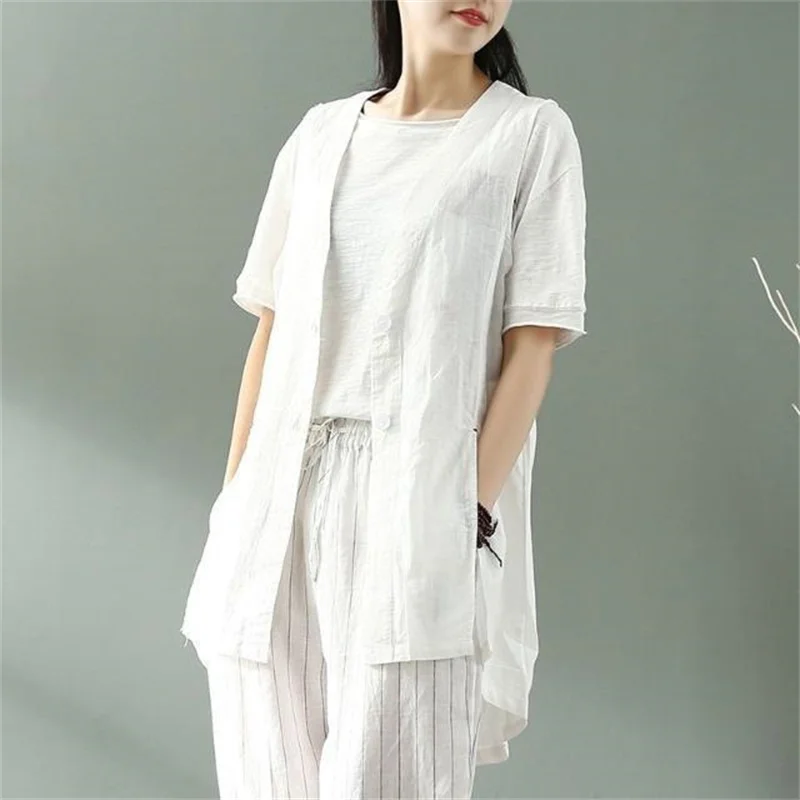 Leisure Cotton And Linen Vest Jacket Loose Casual Med-Length Coat Sleeveless Vest Female Irregular V-Neck Waistcoat White Black