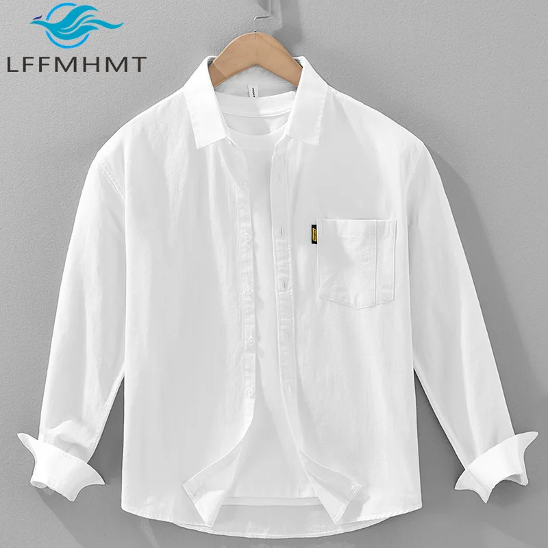 

2504 Мужская однотонная белая рубашка из чистого хлопка с длинным рукавом, деловая повседневная рубашка, весна-осень, японская блузка в свежем стиле для отдыха, топы