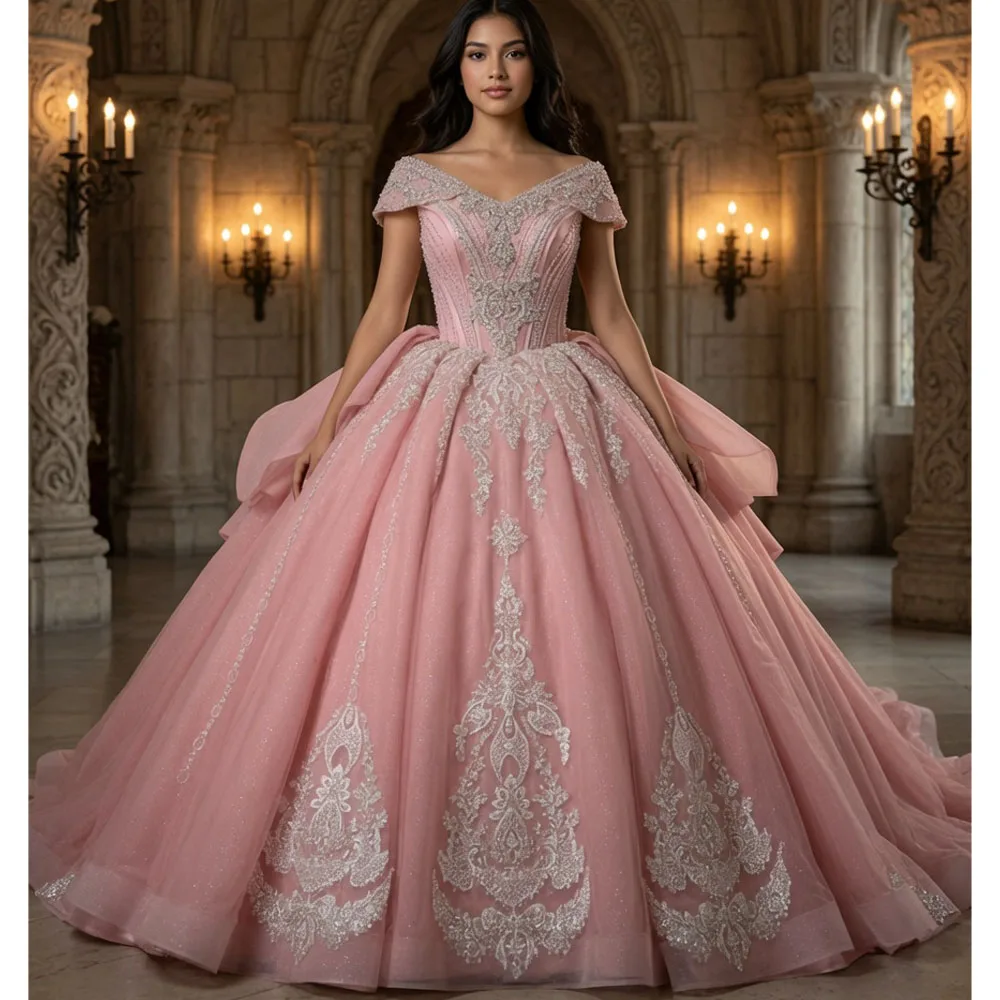 V Neck Quinceanera Dress Cap Sleeves Lace Up Back Bow Crystal Embroidery Princess Pink Evening Gown For Women