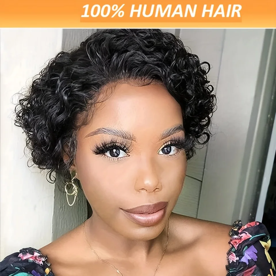 Jerry-Peluca de cabello humano rizado para mujer, Pelo Corto con corte Pixie, ondas al agua, 180% de densidad, Color negro