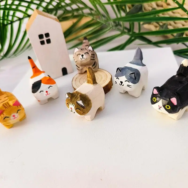 Hand Carved Cat Ornament Mini Rustic Wooden Kitten Figurine for Home Bedroom Living Room Desktop Decoration Gift for All Ages